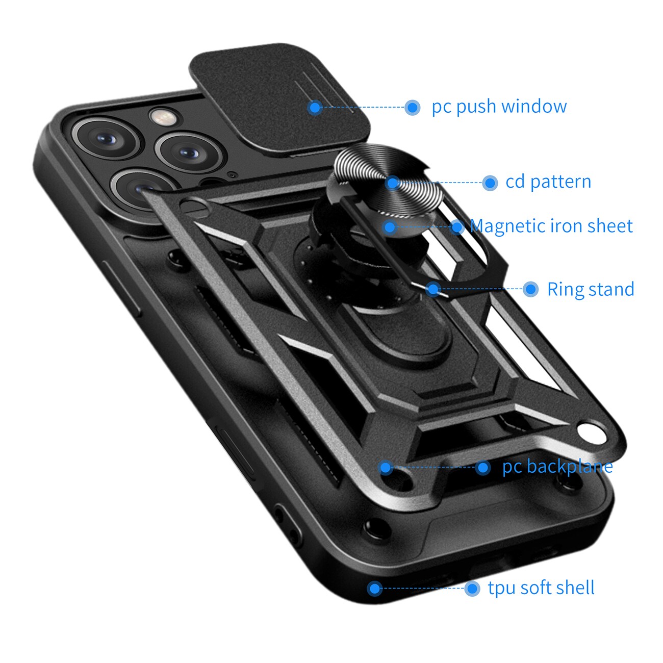 Hybrid Armor Camshield iPhone 16 Pro-etui med kameradæksel og stativ - sort