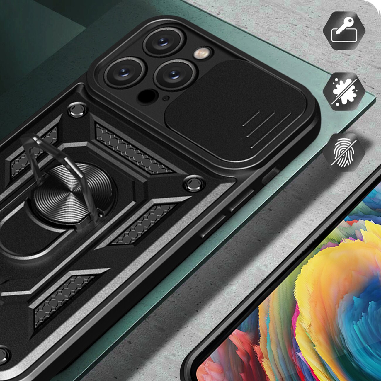 Hybrid Armor Camshield iPhone 16 Pro Max panseret etui med kameradæksel og stativ - sort