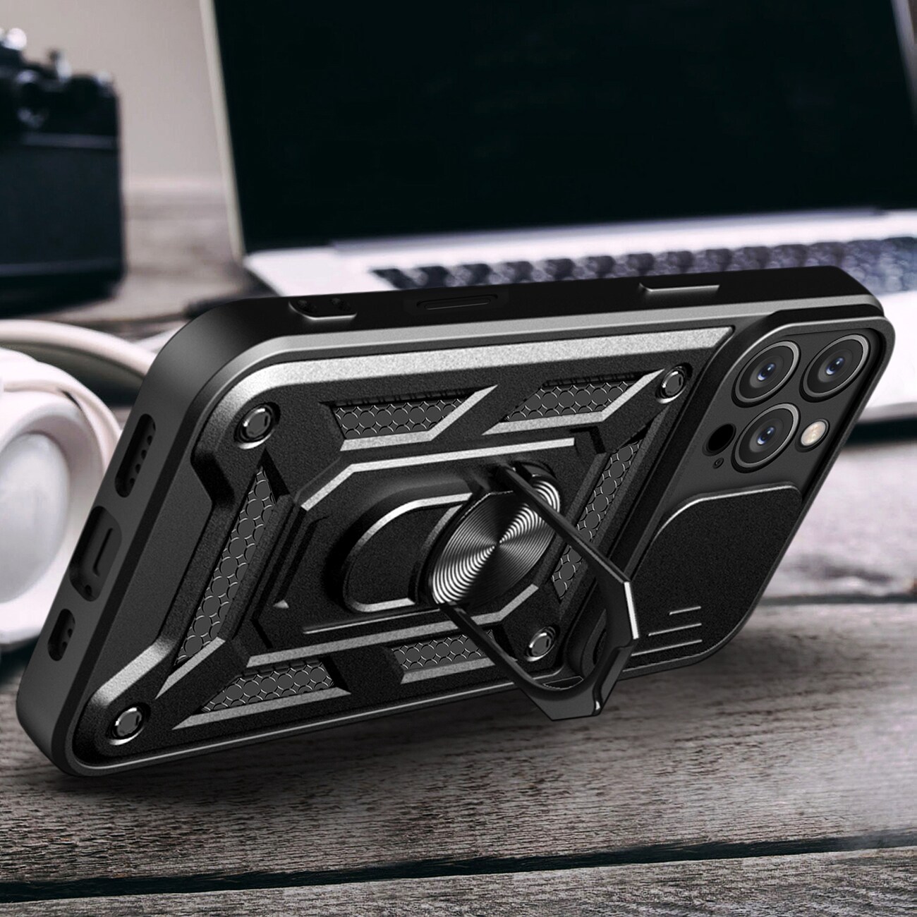 Hybrid Armor Camshield iPhone 16 Pro Max panseret etui med kameradæksel og stativ - sort