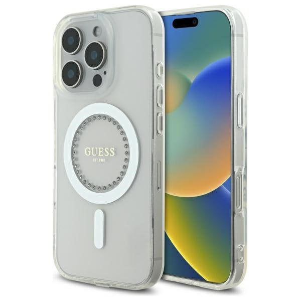 Guess IML Rhinestones MagSafe-etui til iPhone 16 Pro - Hvid