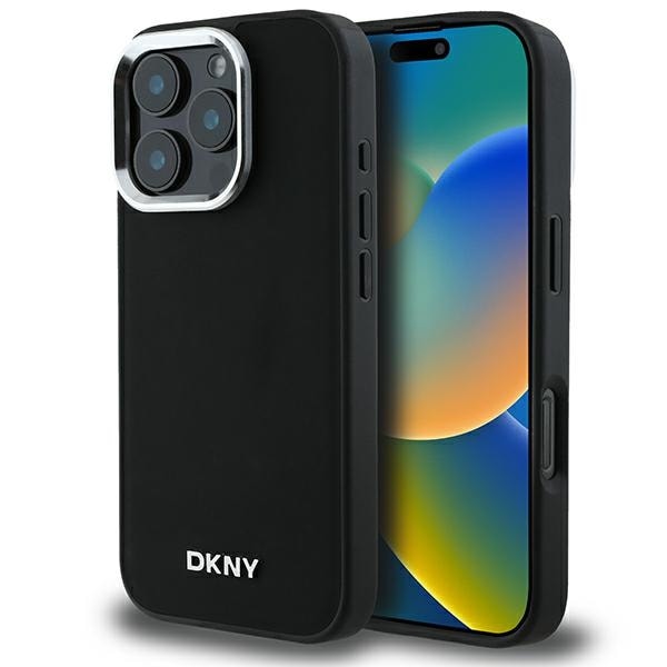 DKNY MagSafe iPhone 16 Pro Max-etui med sølvfarvet logo - sort