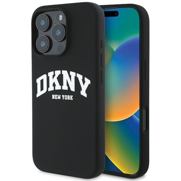 DKNY MagSafe-etui i silikone med hvidt trykt logo til iPhone 16 Pro Max - Sort