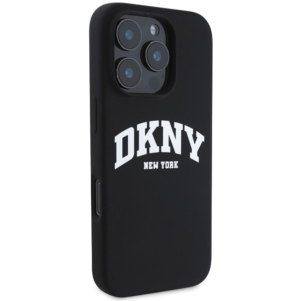 DKNY MagSafe-etui i silikone med hvidt trykt logo til iPhone 16 Pro Max - Sort