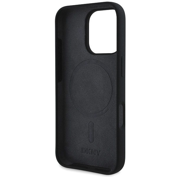 DKNY MagSafe-etui i silikone med hvidt trykt logo til iPhone 16 Pro Max - Sort