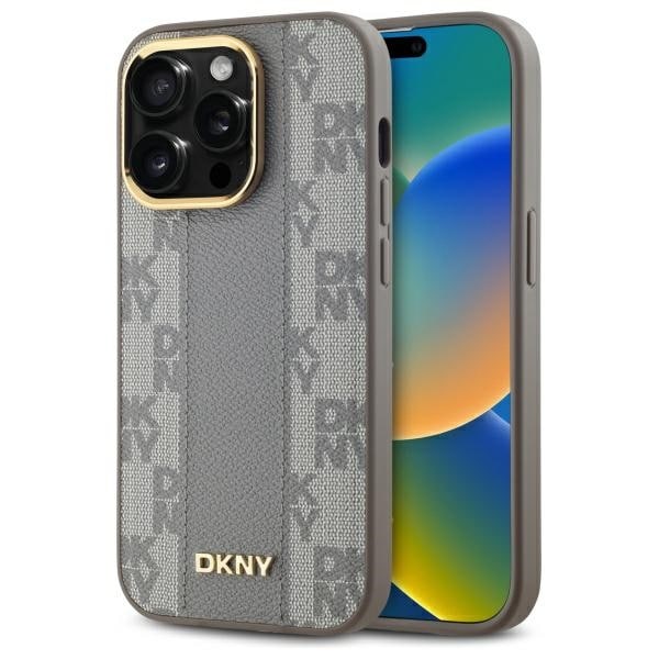 DKNY læder ternet mono-mønster MagSafe iPhone 14 Pro taske - Beige