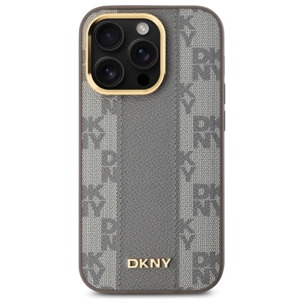 DKNY læder ternet mono-mønster MagSafe iPhone 14 Pro taske - Beige