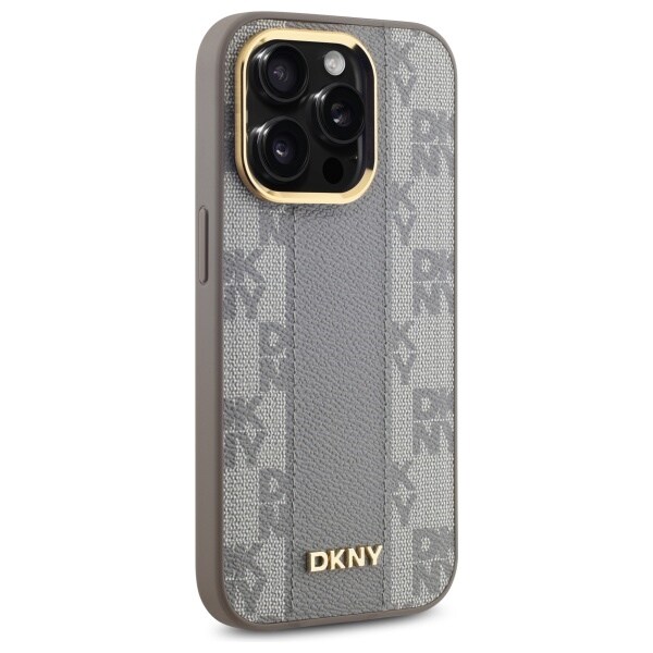 DKNY læder ternet mono-mønster MagSafe iPhone 14 Pro taske - Beige