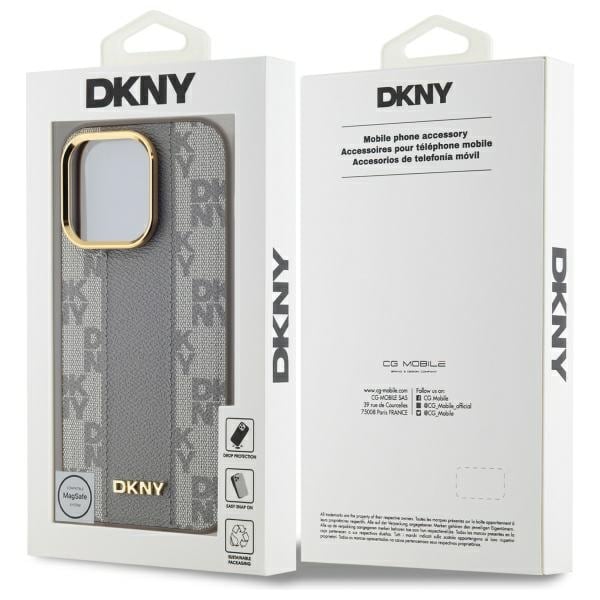 DKNY læder ternet mono-mønster MagSafe iPhone 14 Pro taske - Beige