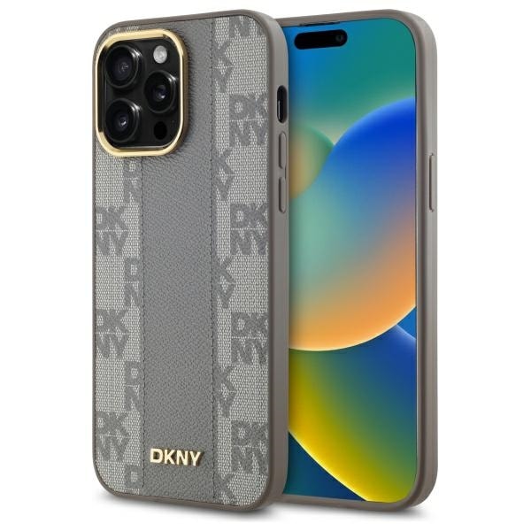 DKNY Læder Ternet Mono Mønster MagSafe iPhone 14 Pro Max Taske - Beige