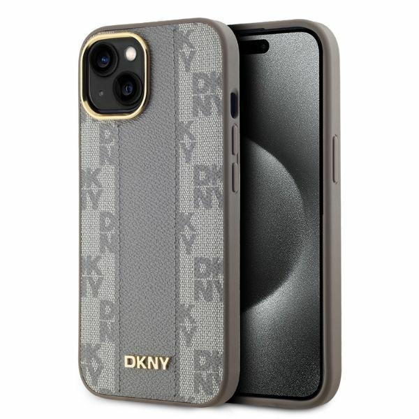 DKNY MagSafe iPhone 15-etui i ternet læder med ensfarvet mønster - Beige