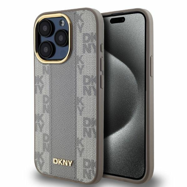 DKNY Læder Ternet Mono Mønster MagSafe iPhone 15 Pro Max Taske - Beige