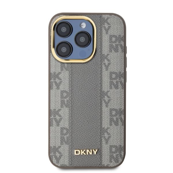 DKNY Læder Ternet Mono Mønster MagSafe iPhone 15 Pro Max Taske - Beige