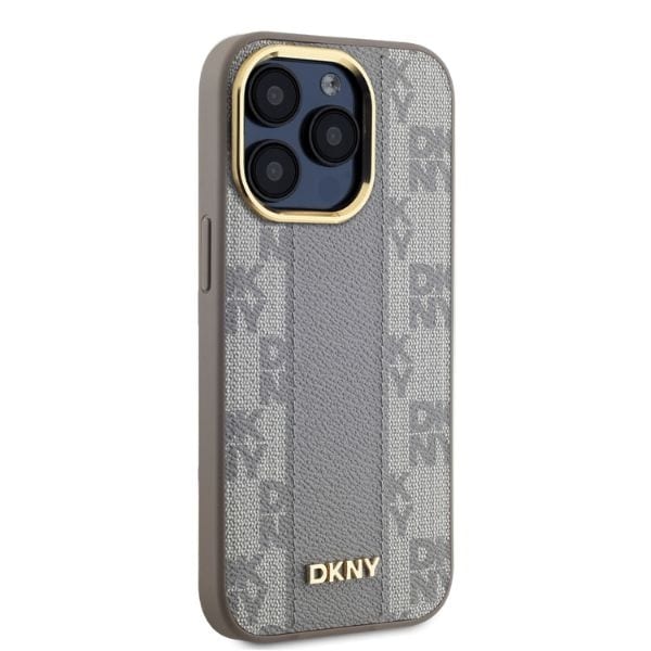 DKNY Læder Ternet Mono Mønster MagSafe iPhone 15 Pro Max Taske - Beige