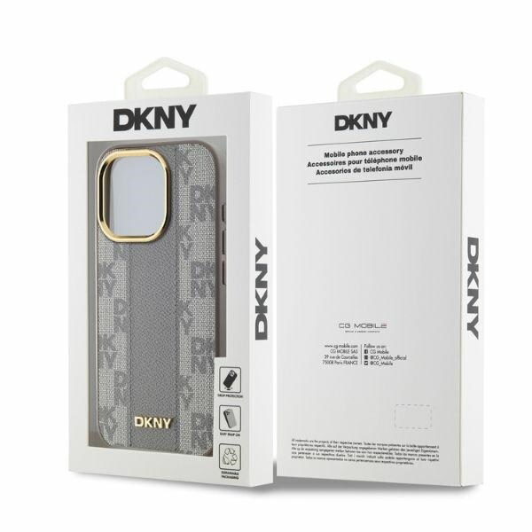 DKNY Læder Ternet Mono Mønster MagSafe iPhone 15 Pro Max Taske - Beige