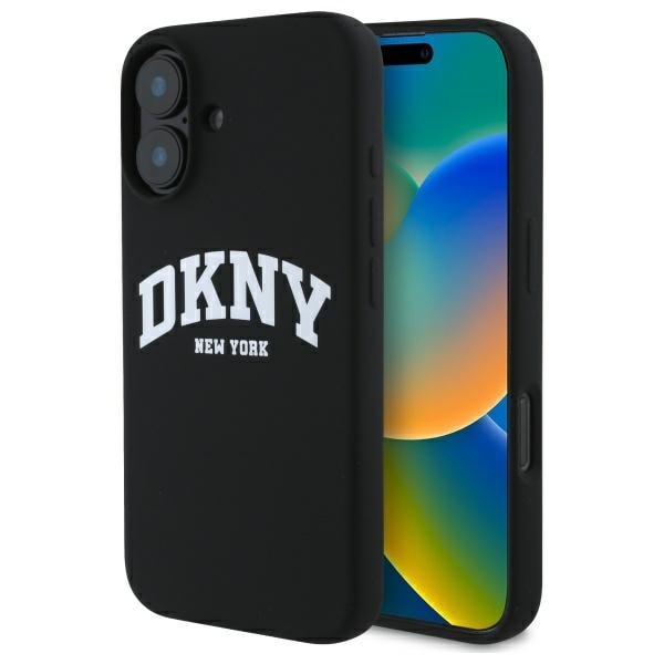 DKNY Silicone White Printed Logo MagSafe iPhone 16 Etui - Sort