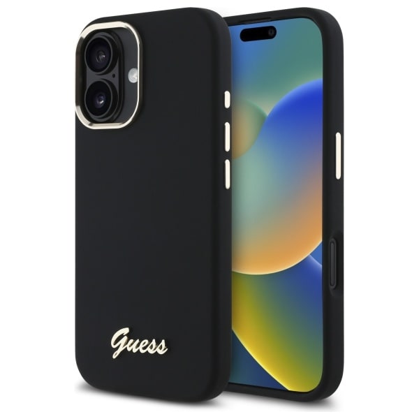 Guess Silicone Script Metal Logo & Frame Case til iPhone 16 - Sort