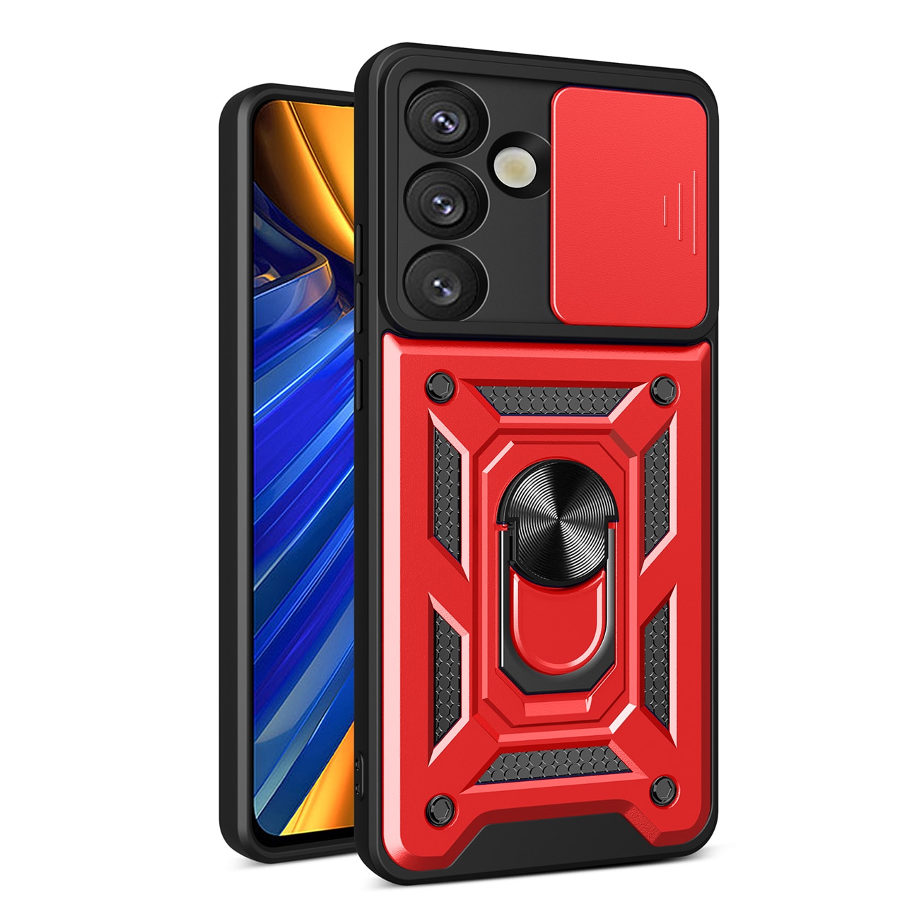 Hybrid Armor Camshield med kameradæksel og metalring til Samsung Galaxy S25 - Rød