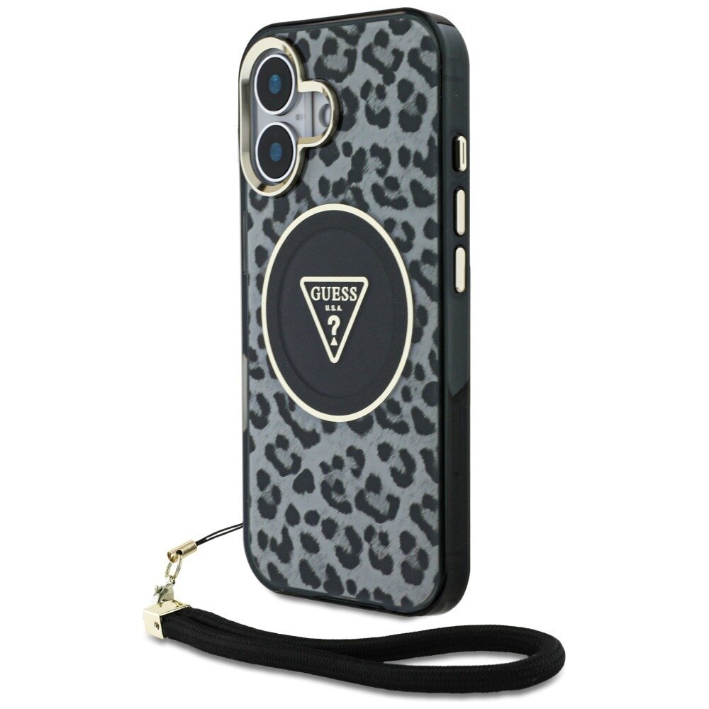 Guess HC IML Leopard Triangle Cord Strap MagSafe-etui til iPhone 16 - sort