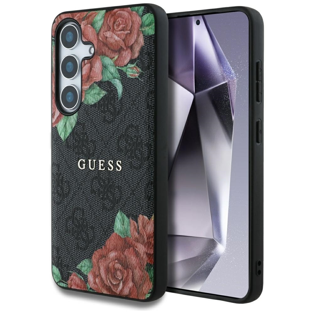 Guess Læder 4G Blomster Print Metal Classic Logo MagSafe Etui til Samsung Galaxy S25 - Sort