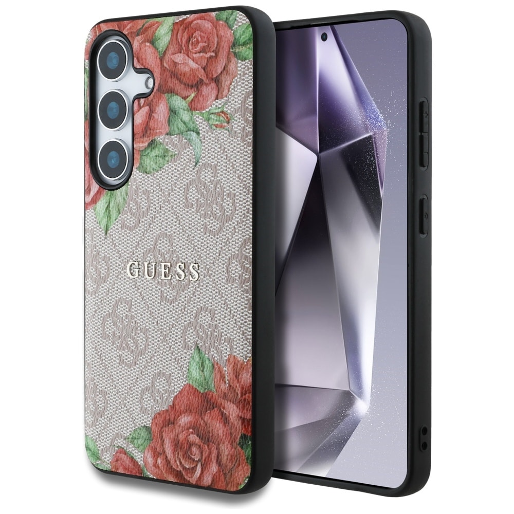 Guess Læder 4G Blomster Print Metal Classic Logo MagSafe Etui til Samsung Galaxy S25 - Pink