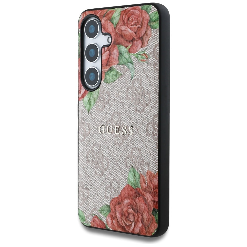 Guess Læder 4G Blomster Print Metal Classic Logo MagSafe Etui til Samsung Galaxy S25 - Pink