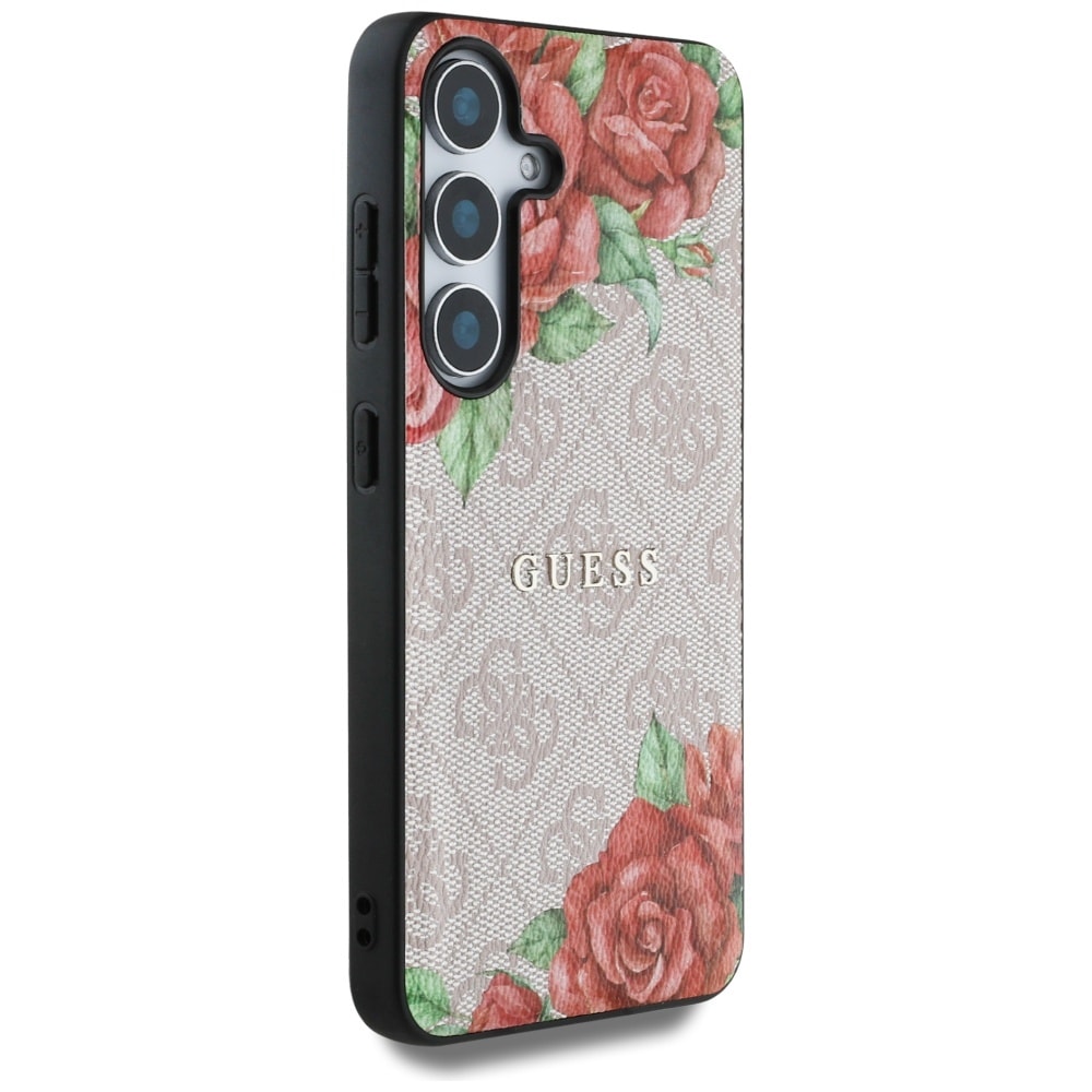 Guess Læder 4G Blomster Print Metal Classic Logo MagSafe Etui til Samsung Galaxy S25 - Pink