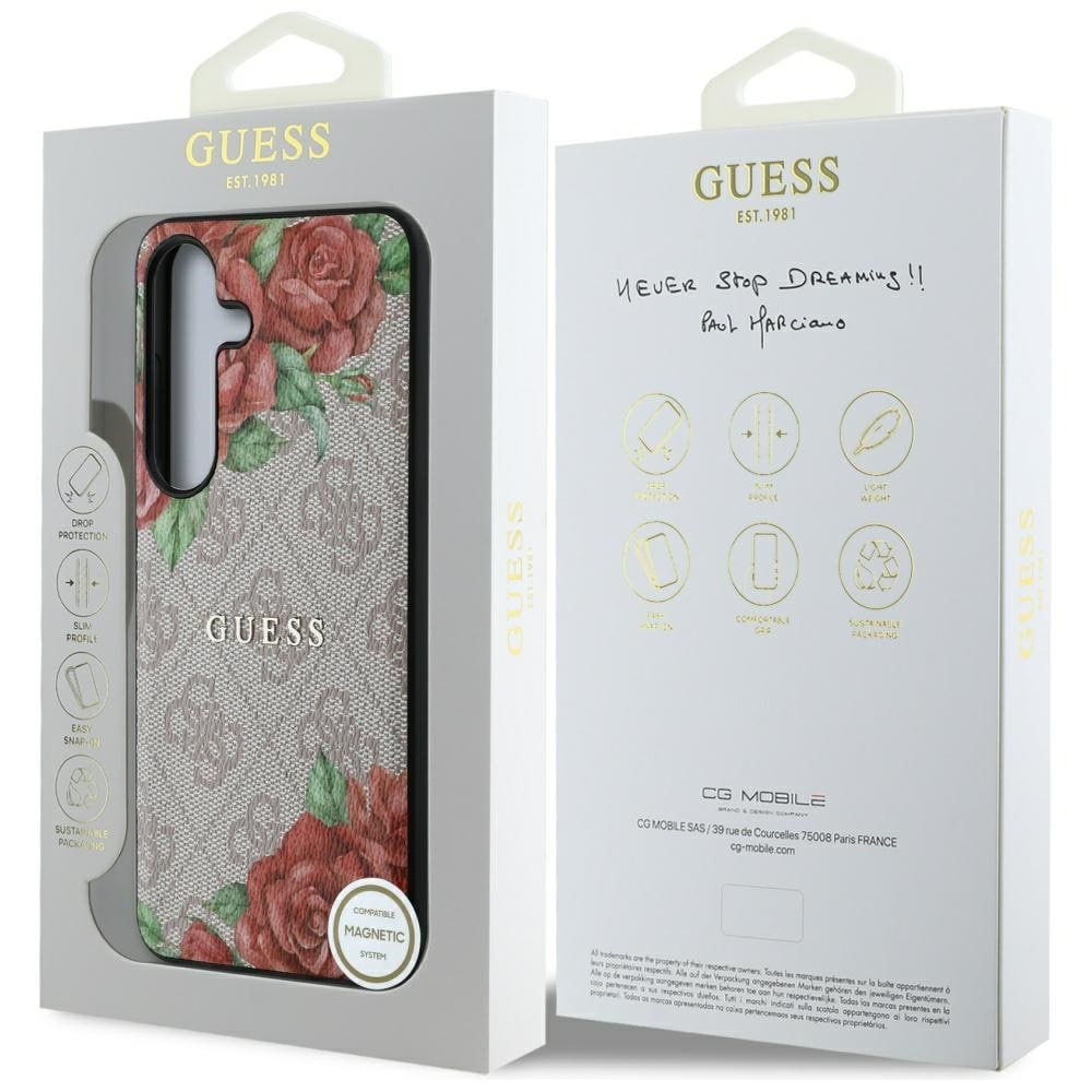 Guess Læder 4G Blomster Print Metal Classic Logo MagSafe Etui til Samsung Galaxy S25 - Pink