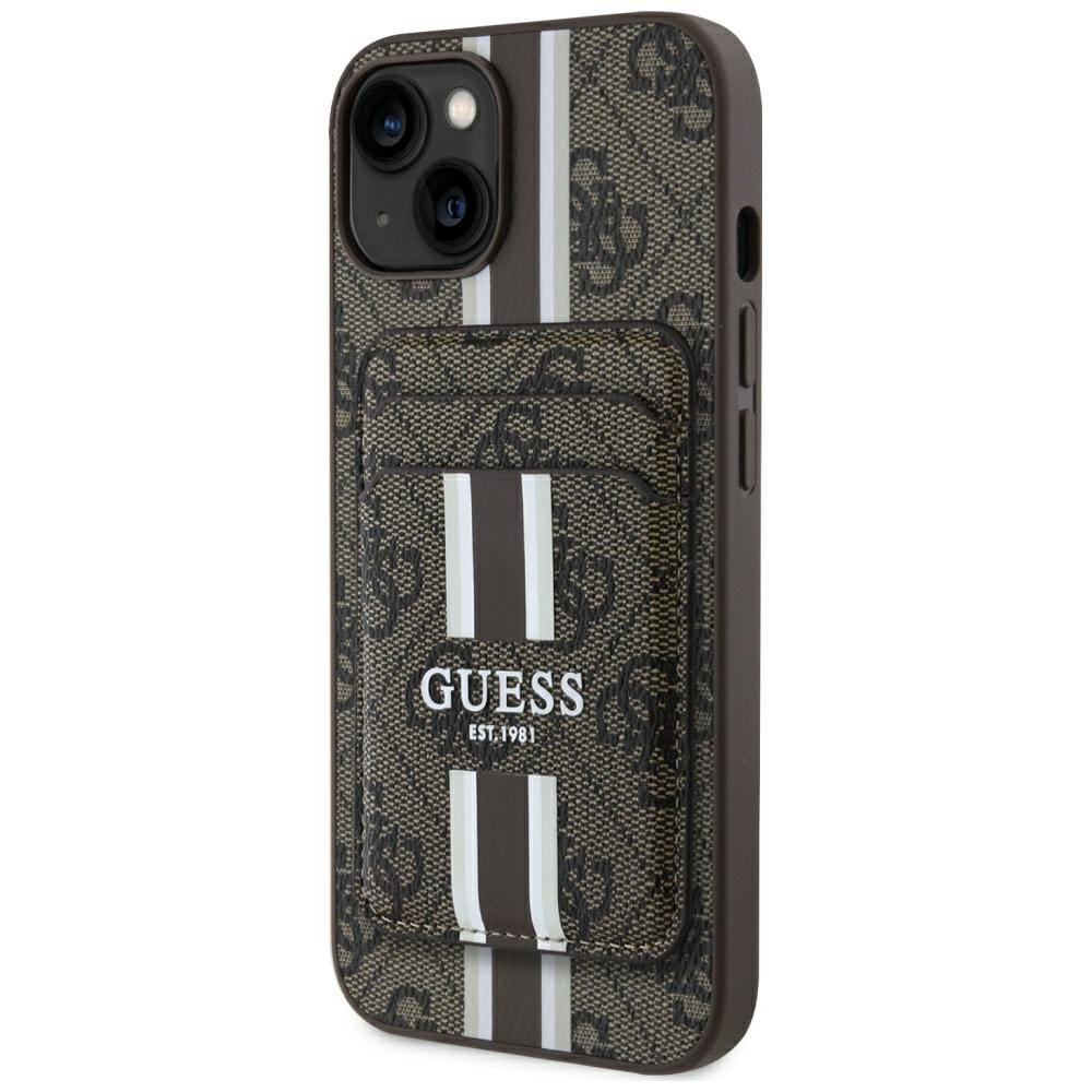 Guess 4G Stribet etui med Magsafe-pung til iPhone 15 brun