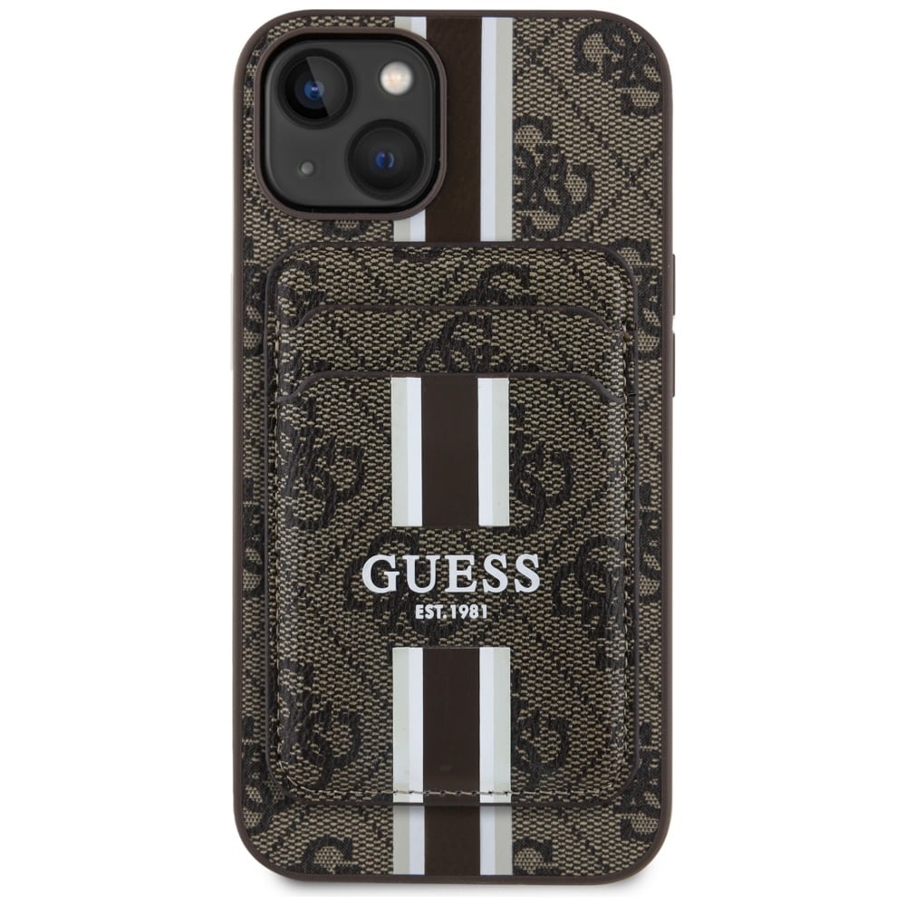Guess 4G Stribet etui med Magsafe-pung til iPhone 15 brun