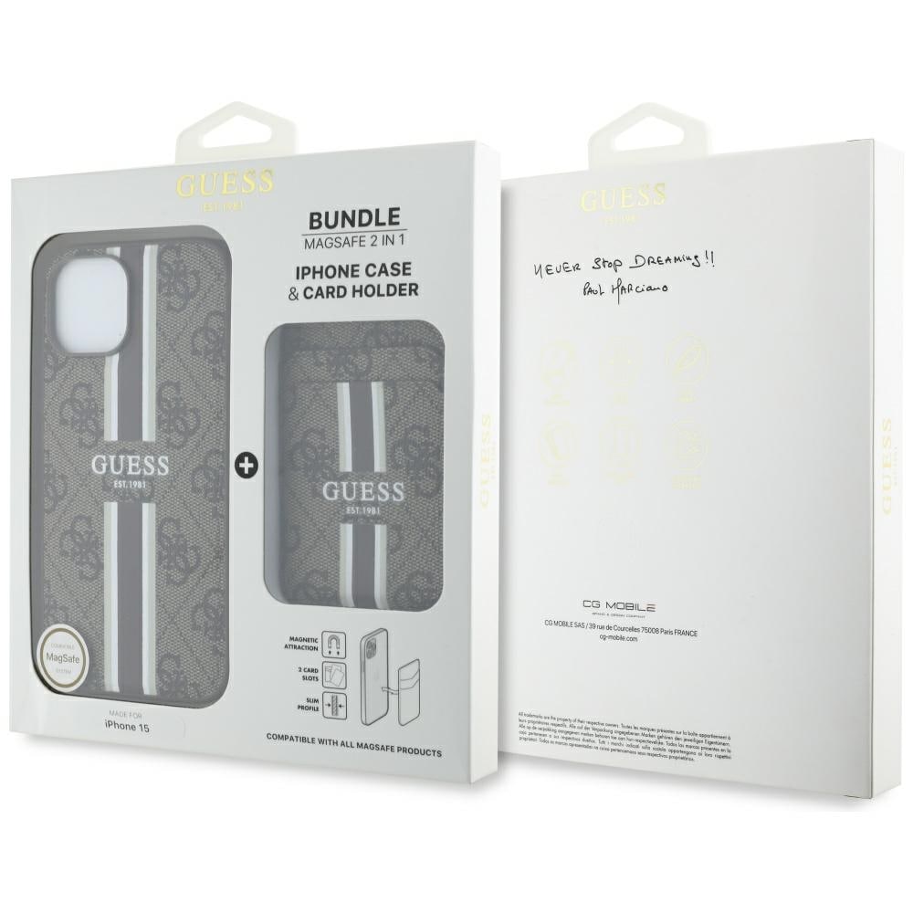 Guess 4G Stribet etui med Magsafe-pung til iPhone 15 brun