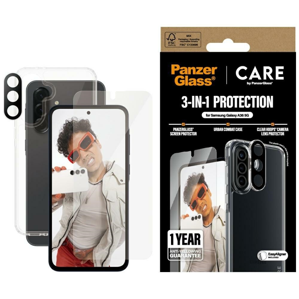 CARE by PanzerGlass Flagship 3in1 Etui+Glas+Linse til Samsung Galaxy A36 5G - gennemsigtig