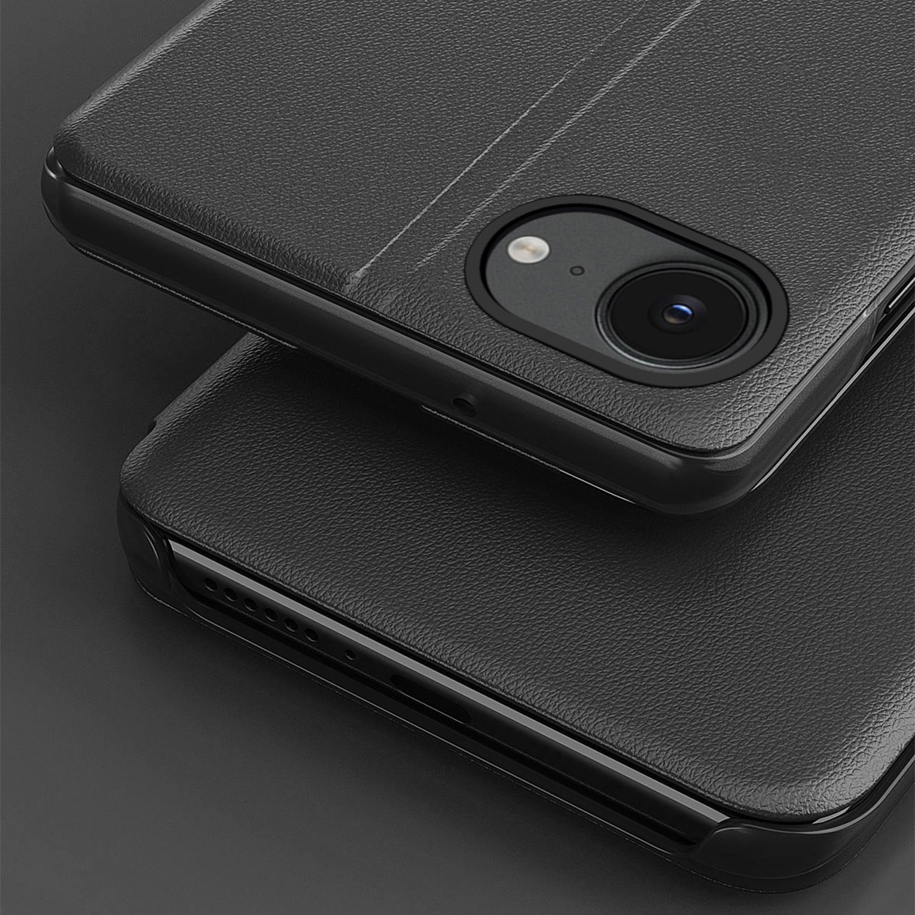 Eco Leather View Case elegant etui med klap og stativ til iPhone 16e - sort