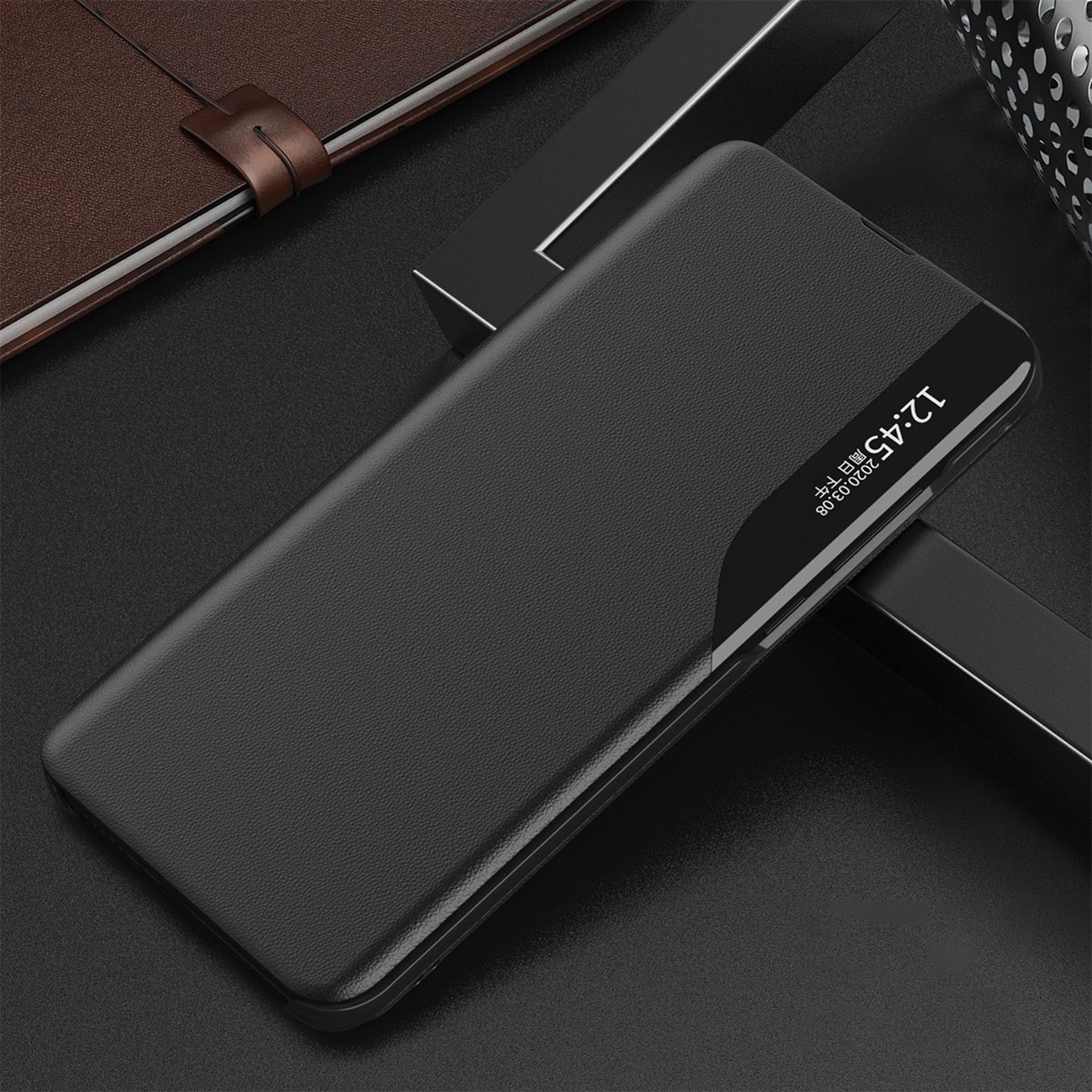 Eco Leather View Case elegant etui med klap og stativ til iPhone 16e - sort