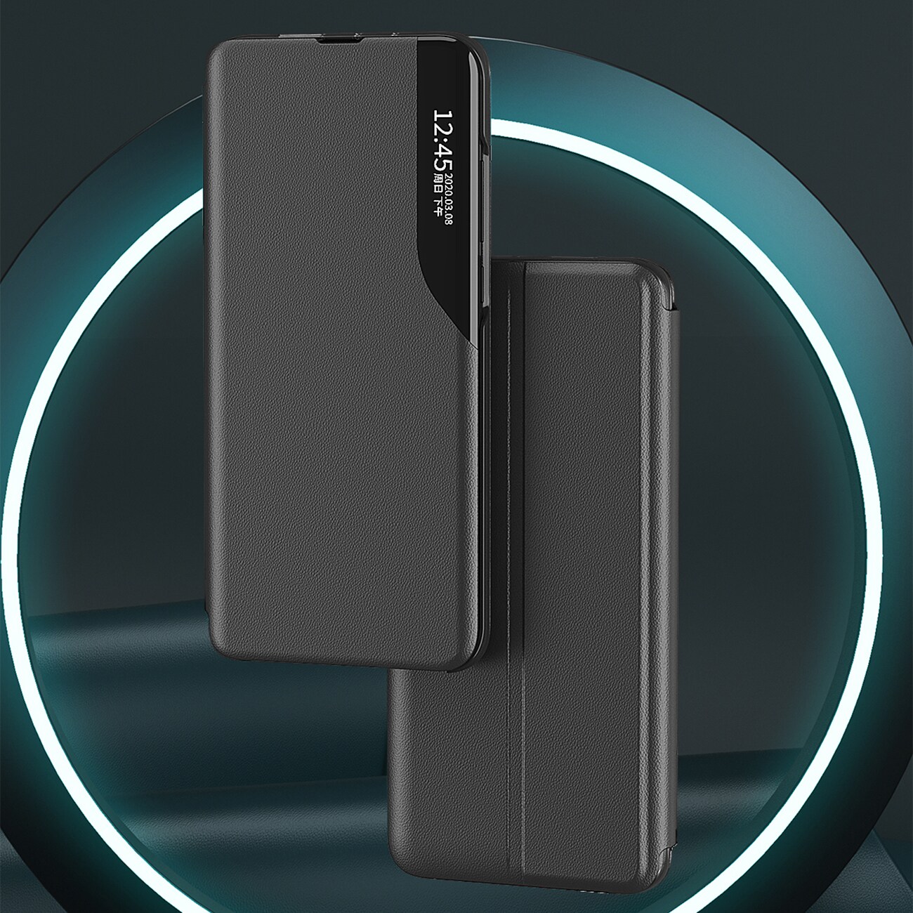 Eco Leather View Case elegant etui med klap og stativ til iPhone 16e - sort