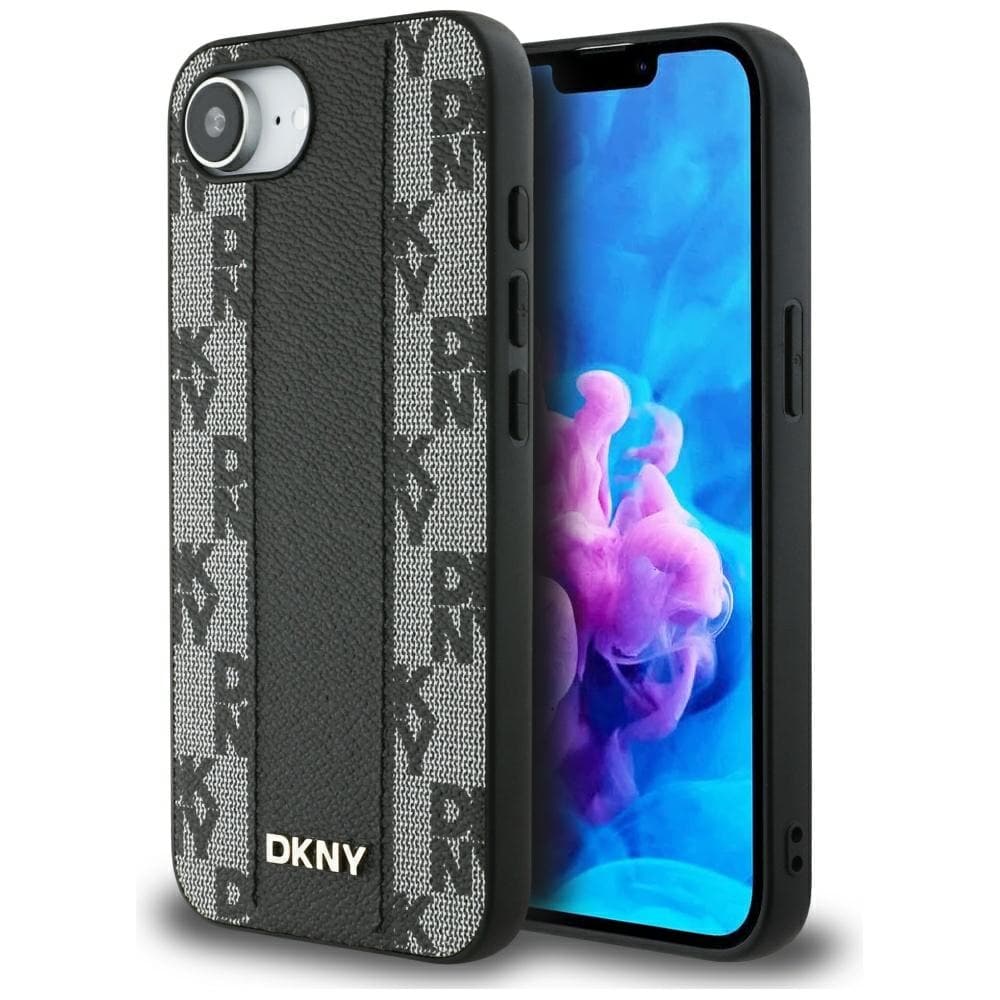 DKNY MagSafe iPhone 16e-etui i ternet læder med mono-mønster - sort