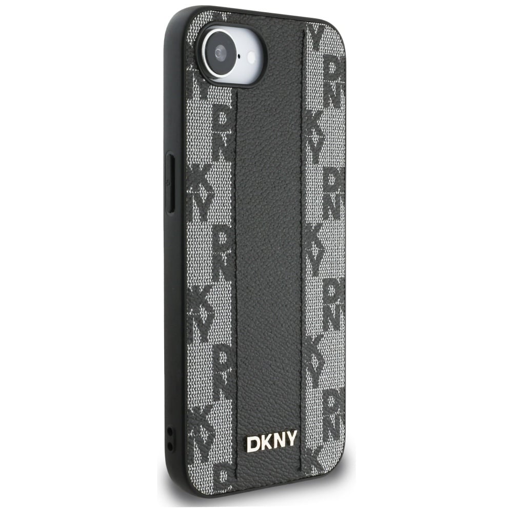 DKNY MagSafe iPhone 16e-etui i ternet læder med mono-mønster - sort