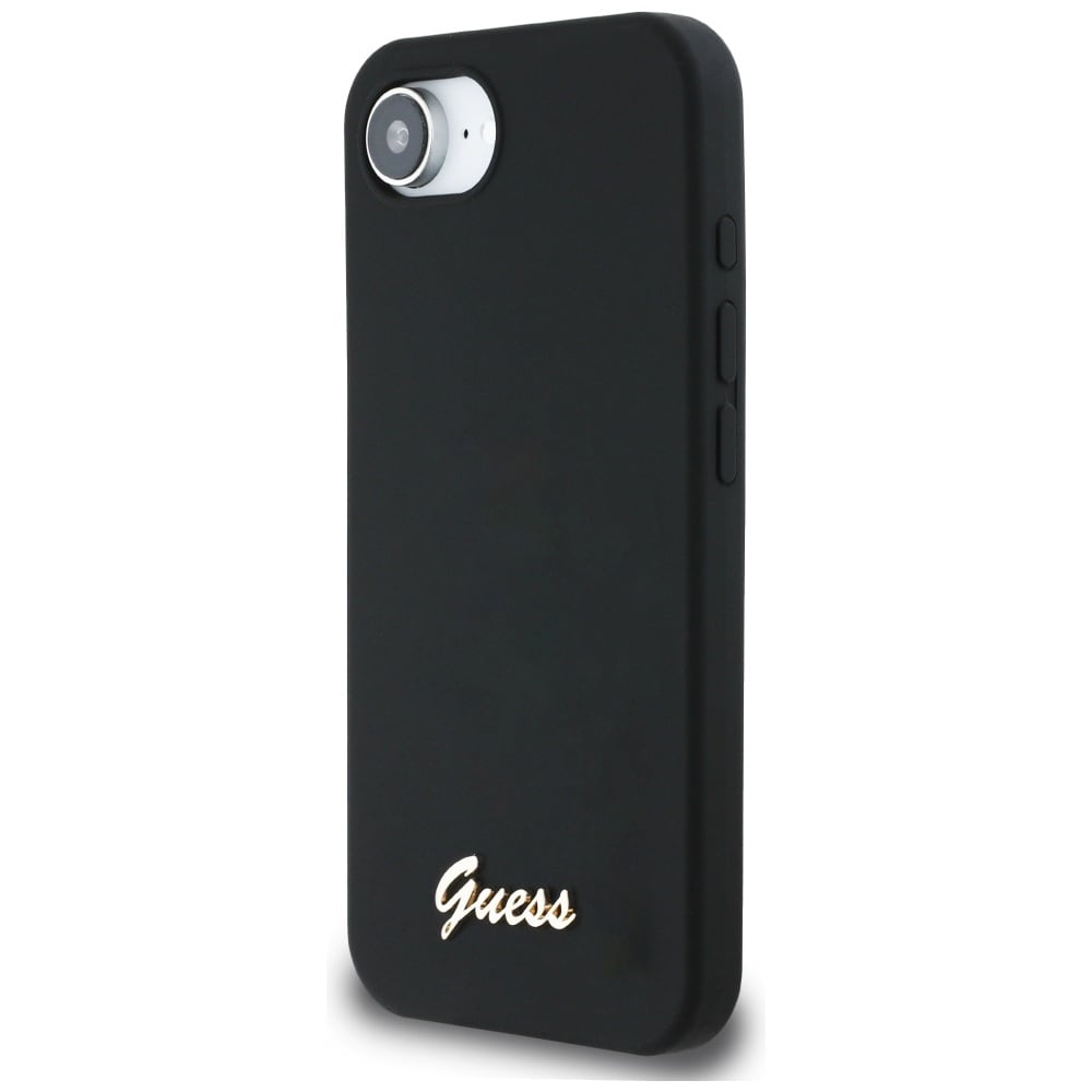 Guess Silikone Skrift Metal Logo MagSafe iPhone 16e Etui - Sort