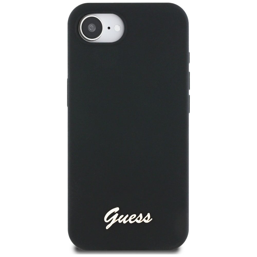 Guess Silikone Skrift Metal Logo MagSafe iPhone 16e Etui - Sort