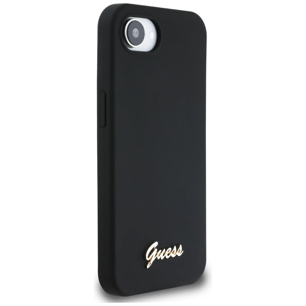 Guess Silikone Skrift Metal Logo MagSafe iPhone 16e Etui - Sort