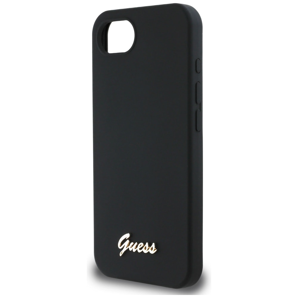 Guess Silikone Skrift Metal Logo MagSafe iPhone 16e Etui - Sort