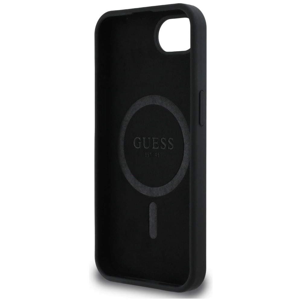 Guess Silikone Skrift Metal Logo MagSafe iPhone 16e Etui - Sort
