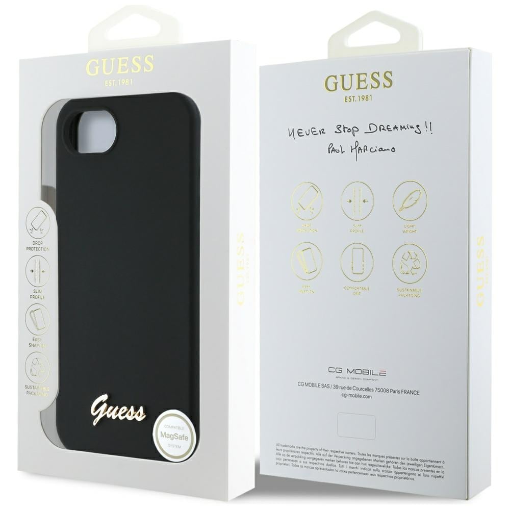 Guess Silikone Skrift Metal Logo MagSafe iPhone 16e Etui - Sort