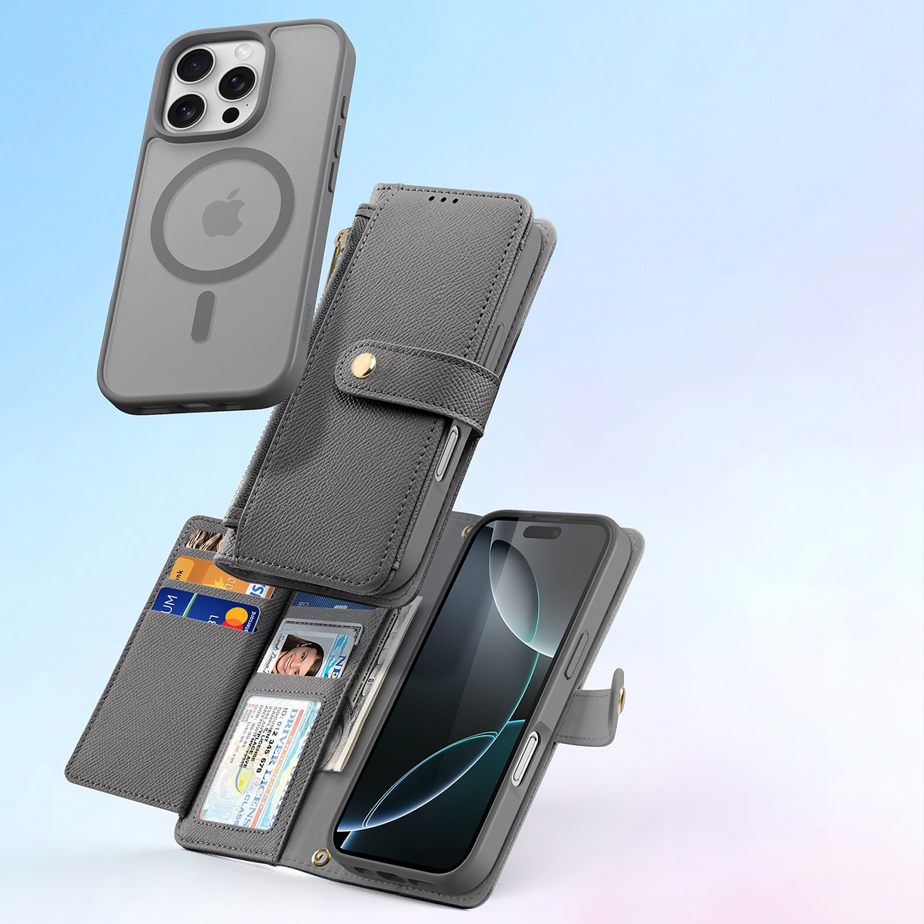 Dux Ducis Lawa iPhone 16 Pro læderetui med aftagelig magnetisk tegnebog - grå
