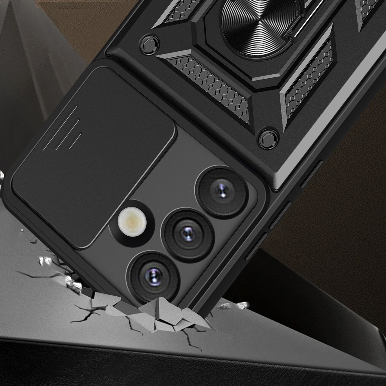 Hybrid Armor Camshield-etui med stativ og kameradæksel til Infinix Note 50 Pro 4G - Sort