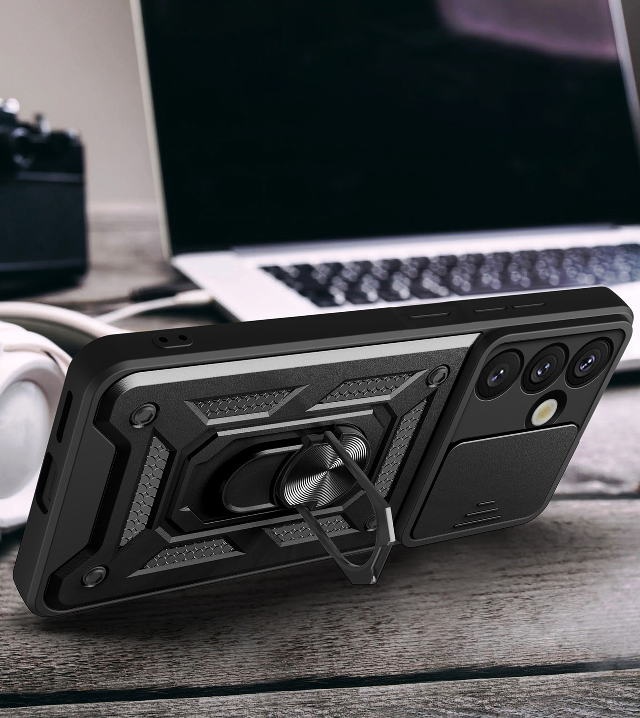 Hybrid Armor Camshield-etui med stativ og kameradæksel til Realme P3 5G - Sort