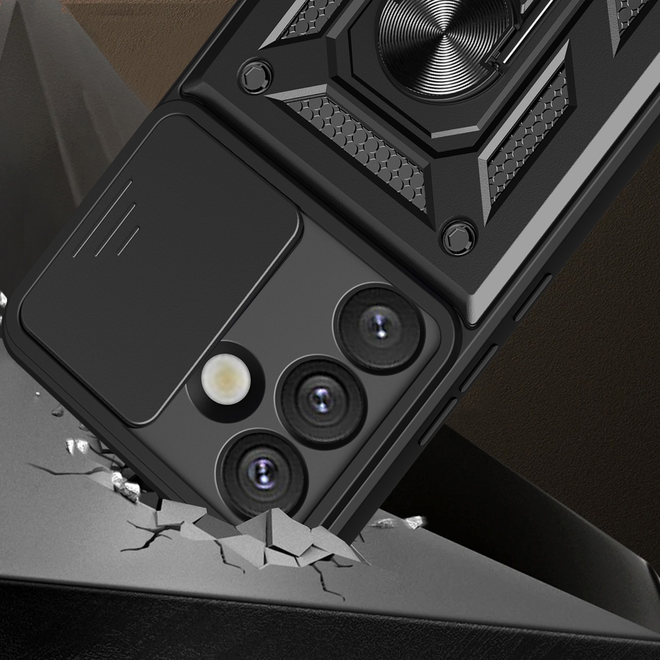 Hybrid Armor Camshield-etui med stativ og kameradæksel til Realme GT 7 Pro 5G - Sort