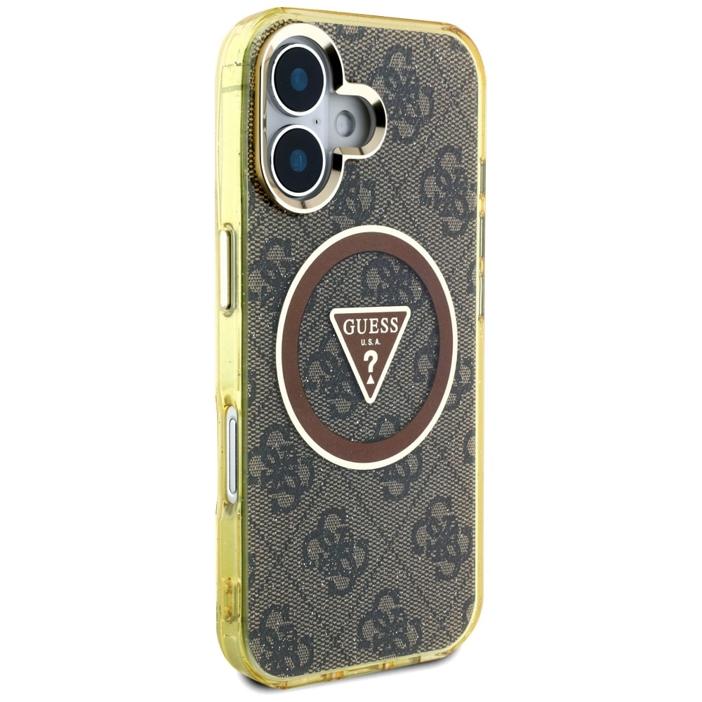Guess IML Metal Glitter 4G Circle Triangle MagSafe-etui til iPhone 16 - Brun