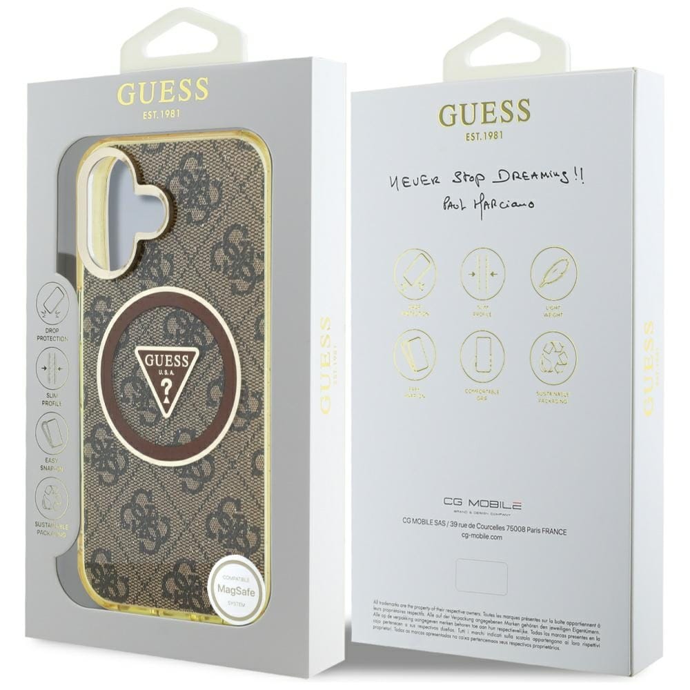 Guess IML Metal Glitter 4G Circle Triangle MagSafe-etui til iPhone 16 - Brun