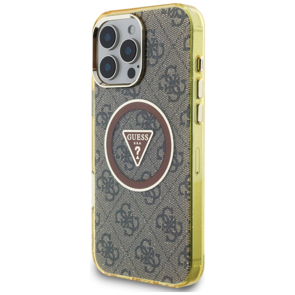 Guess IML Metal Glitter 4G Circle Triangle MagSafe-etui til iPhone 16 Pro - Brun