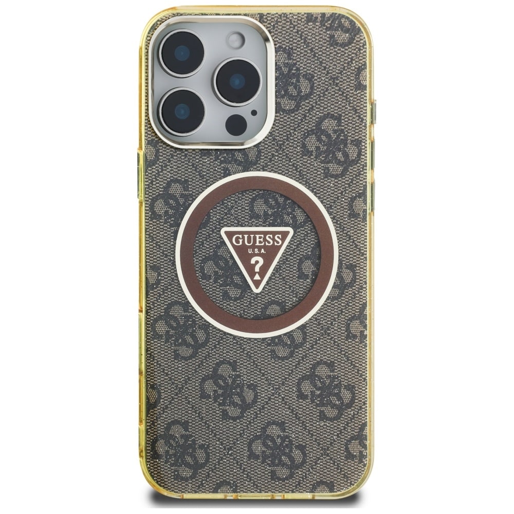 Guess IML Metal Glitter 4G Circle Triangle MagSafe-etui til iPhone 16 Pro - Brun